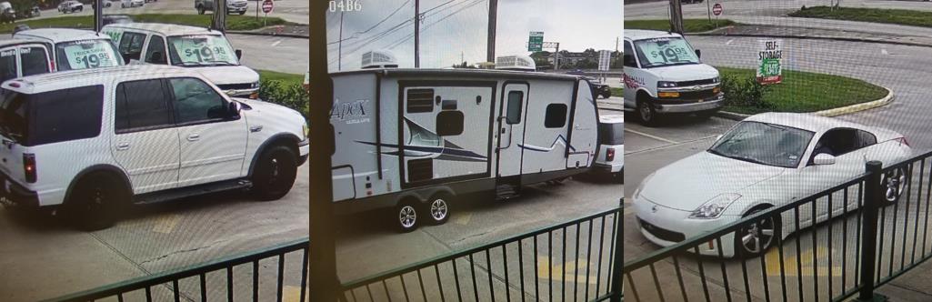 Three photos: Photo left is a white SUV, Photo center is the RV, and photo right is a white coup